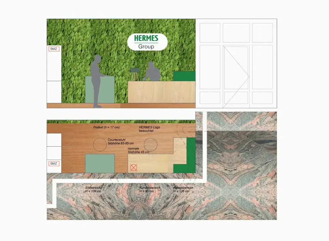 Entwurf der Innenraumplanung für den neuen Eingangsbereich der Hermes Group in Pullach bei München. Pflanzwand mit echter Begrünung.